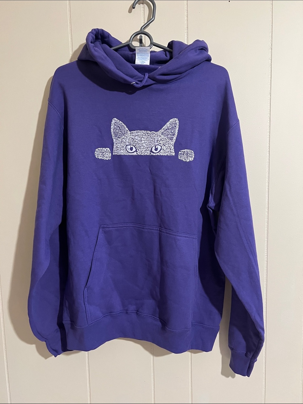 Port and Company Purple Hoodie with White Peeking Cat Graphic